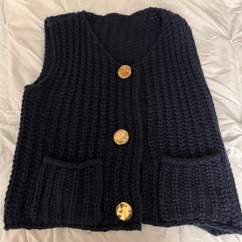 Chunky Knit Sweater Vest with Gold Buttons